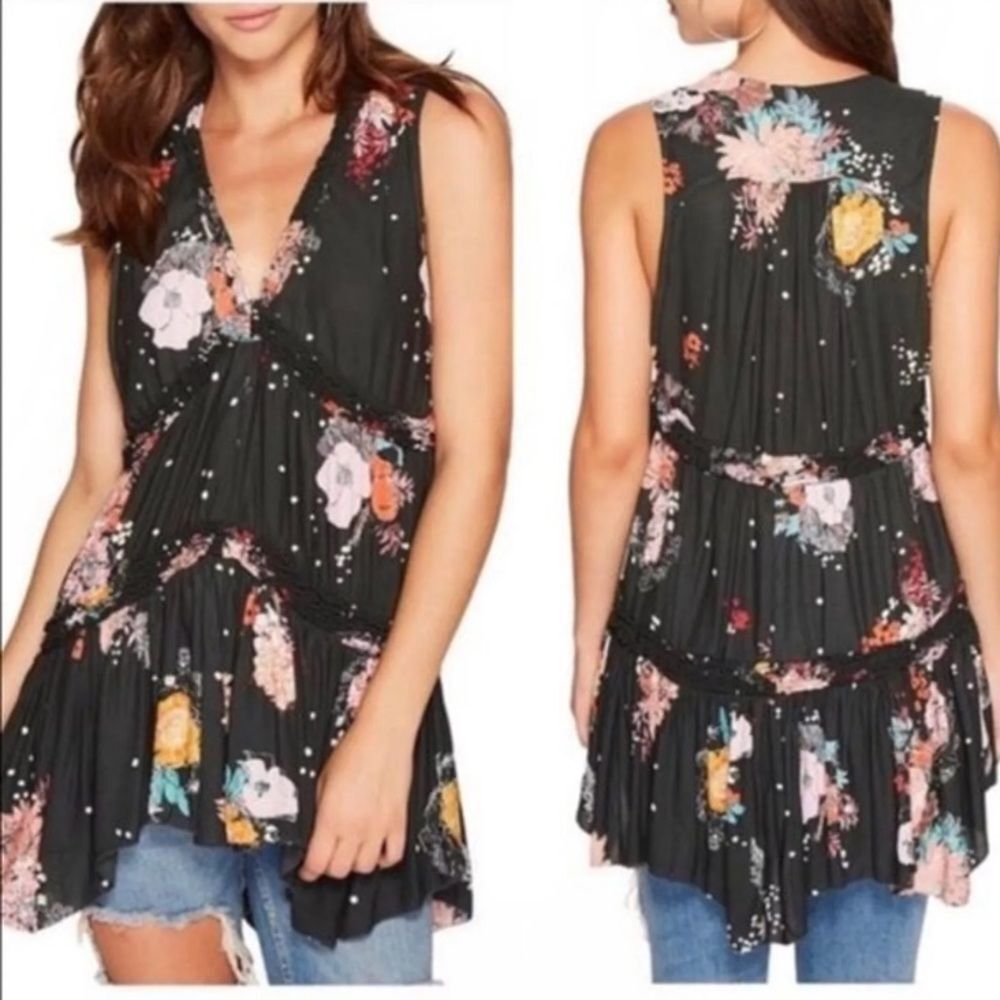 Free People Haze Charcoal Multi Floral Hi-Lo V-Neck Tiered Sleeveless Tunic L